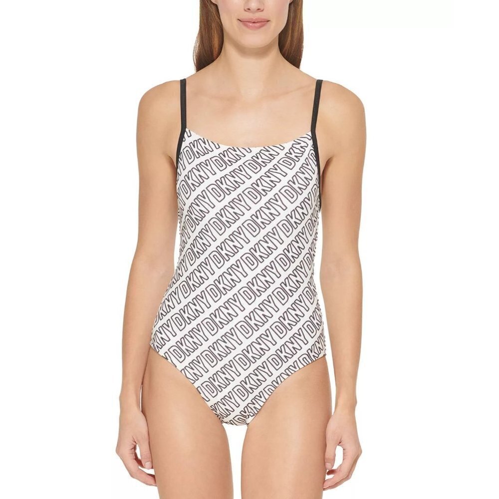 DKNY Womens Size Medium Logo-Print One-Piece Swimsuit in White & Black $108 2031